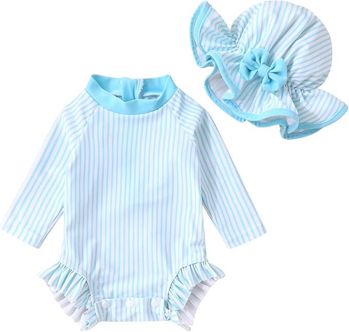 Infant Baby Girl Swimsuit One-Piece Long Sleeve Rash Guard with Hat Set Floral Zipper Bathing Suit Leopard Beach Wear