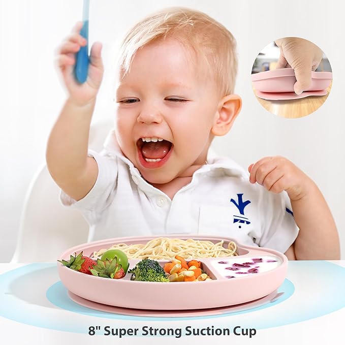 Li&Zhao Baby Bowls with Suction - Suction Plates for Toddlers Toddler Plate Baby Plate Divided Design Kids Plates Baby Suction Plate with Lids Microwave & Dishwasher