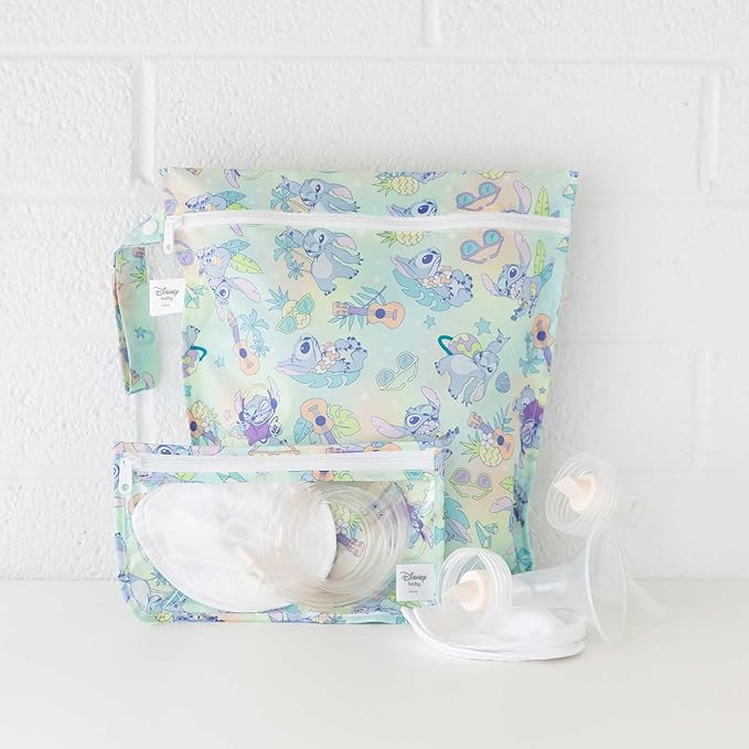 Bumkins - Waterproof Wet Bag & Clear Travel Bags - For Beach, Baby, Travel, Swim Suit, Cloth Diapers, Pump Parts, Pool, Gym, Toiletries - Reusable & Easy to Clean - Disney Stitch - 4 Pack