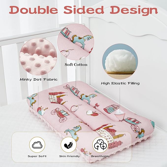 Reidio 1Pcs Toddler Pillow Double Sided Breathable Soft Cotton & Minky Dot Fabric Kids Pillow Cute Small Pillow Machine Washable (Rose)
