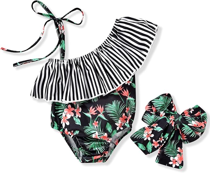 Toddler Baby Girls Ruffles Bikini One Piece Swimsuits Floral Off Shoulder Swimwear Beach Bathing Suit