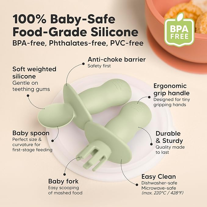 KeaBabies 4-Pack Silicone Baby Spoons and Forks Set - Baby Led Weaning Utensils 6-12 Months, Self Feeding Toddler Spoon & Fork for Training, Teething, Easy to Hold, BPA-Free Silicone (Sage)