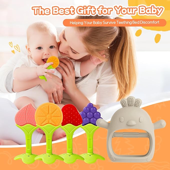 Tinabless Baby Teething Toys 5 Pack, Silicone Teething Mitten & Hand Teethers for Babies 3+ Months, BPA-Free Food Grade Silicone Chew Toys, Anti-Drop, Freezer Safe, Caramel