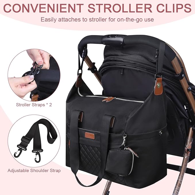 Pritent Diaper Bag Tote, Diaper Baby Bags with Pacifier Case, Shoulder Straps, Stroller Clips, Waterproof Large Mommy Maternity Travel Baby Tote for Mom and Dad, black