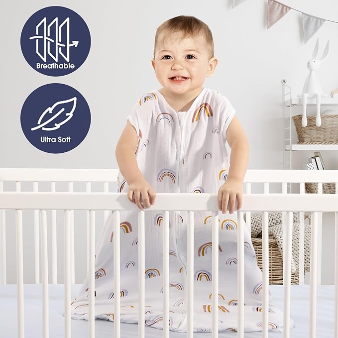2 Pack Baby Sleep Sack 0-6 Months 100% Organic Cotton Muslin Baby Sleeping Bag 2-Way Zipper Wearable Blankets (Rainbow & Leaf, Small)