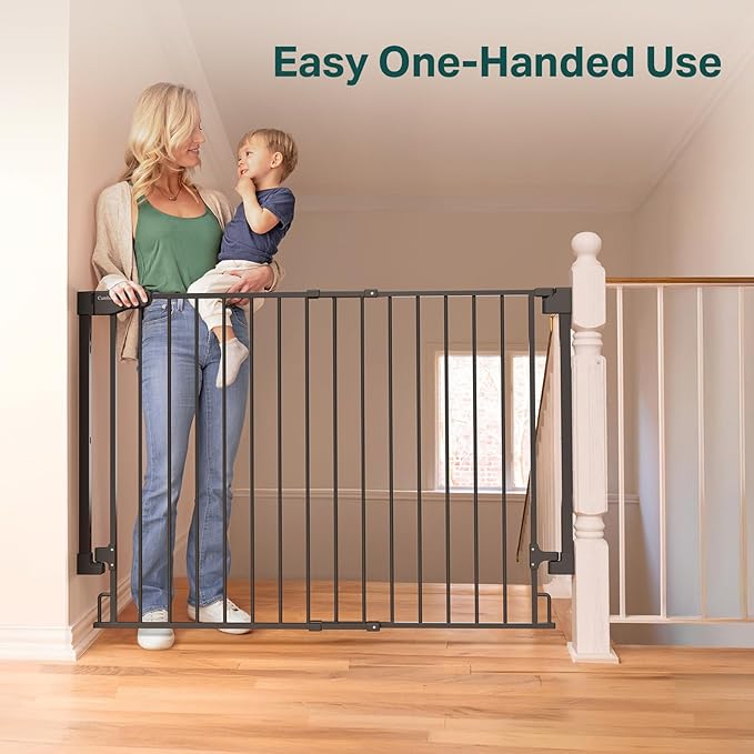 Cumbor 34" Extra Tall No Bottom Bar Baby Gate for Stairs, Wall Mounted Dog Gate Indoor for Larger Pets, Expandable 31.6-48" Safety Gate for Doorways, Wide Walk Thru Door for Easy Access (Black)