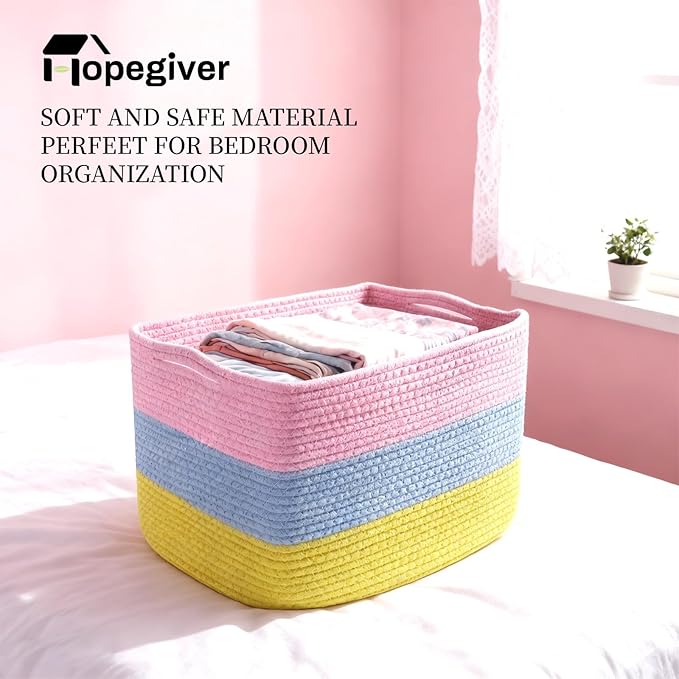 Hopegiver Storage Baskets for Organizing with Handle, Woven Baskets for Shelves - Durable Gift Basket for Cloth Toys Books Baby, Cotton Rope Basket for Dog Cat, 15x11x10 Inch(Pink&Blue&Yellow)