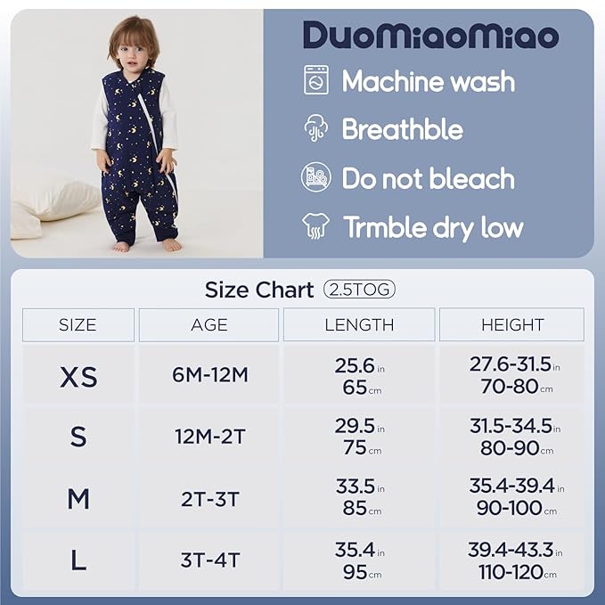 Duomiaomiao 2.5 TOG Toddler Sleep Sack 3-4T 100% Cotton Winter Side Open Zipper Baby Sleep Sack with Feet, Warm Toddler Wearable Blanket