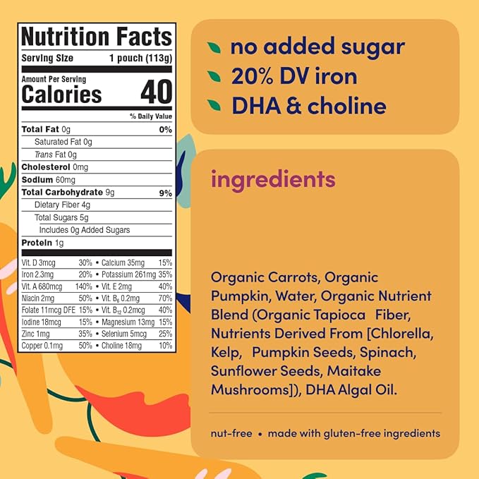 Cerebelly Organic Baby Food Pouches, Carrot Pumpkin Purees, 16 Nutrients, No Added Sugar, Fiber & Non-GMO, 4oz, 12 Pack