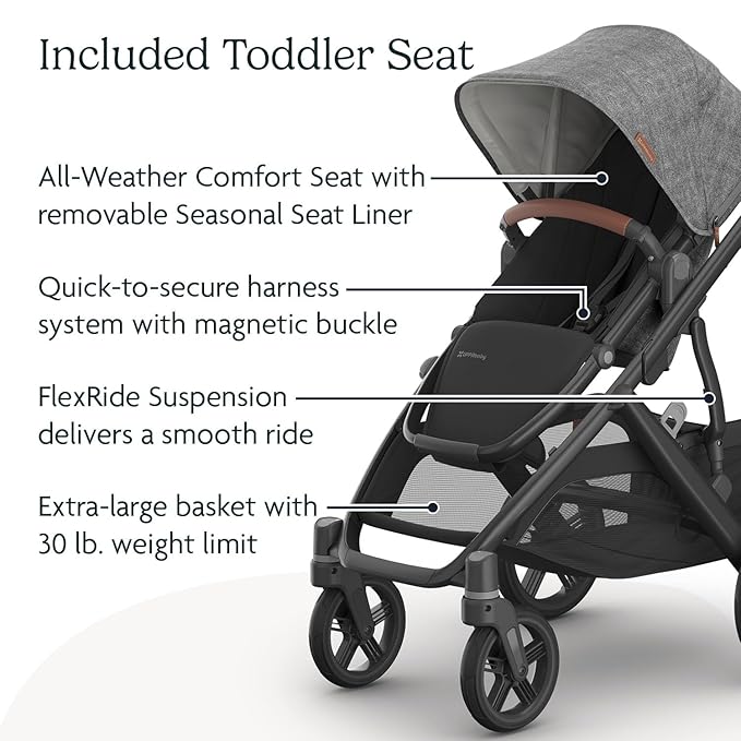 UPPAbaby Vista V3 Stroller + Bassinet V3 - Convertible Single-To-Double Stroller System- Bassinet, Toddler Seat, Bug Shield, Rain Shield Included-Greyson (Charcoal Mélange/Carbon Frame/Saddle Leather)