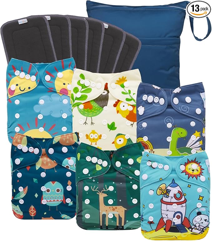 babygoal Reusable Charcoal Cloth Diapers with Double Gussets, 6 Pack Washable Baby Pocket Diapers with 6pcs Charcoal Inserts and Wet Dry Bag(Chick,Deer,Dinasaur)