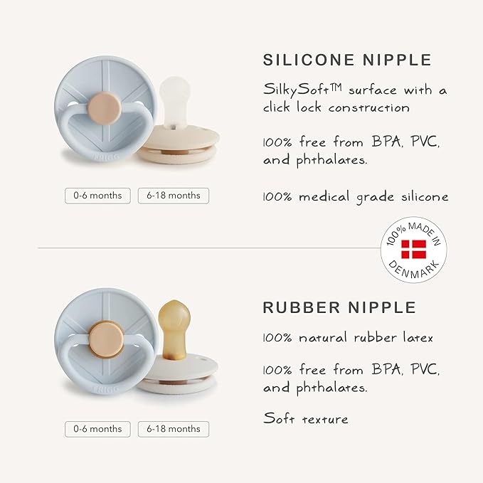 FRIGG Little Viking SilkySoft Silicone Baby Pacifier 2-Pack | Made in Denmark | BPA-Free (Powder Blue/Cream,0-6 Months)