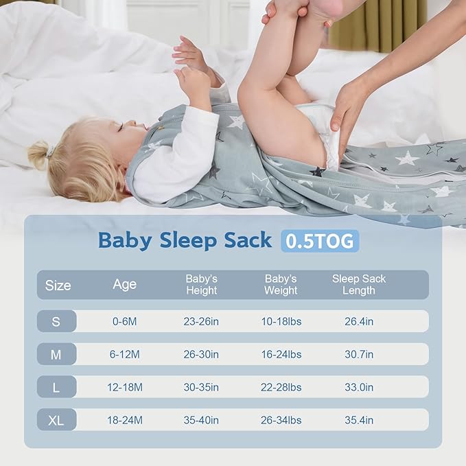 Baby Sleep Sack 6-12 Months,100% Cotton TOG 0.5 Wearable Blanket for Boys and Girls, 3 Pack 2-Way Zipper Lightweight Sleeping Bags for Toddler Newborn Infant