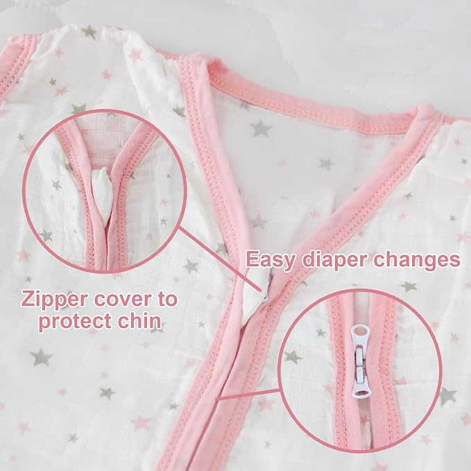 Baby Sleep Sack 18-24 Months 2 Pack, 100% Cotton Toddler Sleeping Bag, 2-Way Zipper Wearable Blanket for Baby Girl, X-Large, 0.5 TOG, Pink Star & Bloom