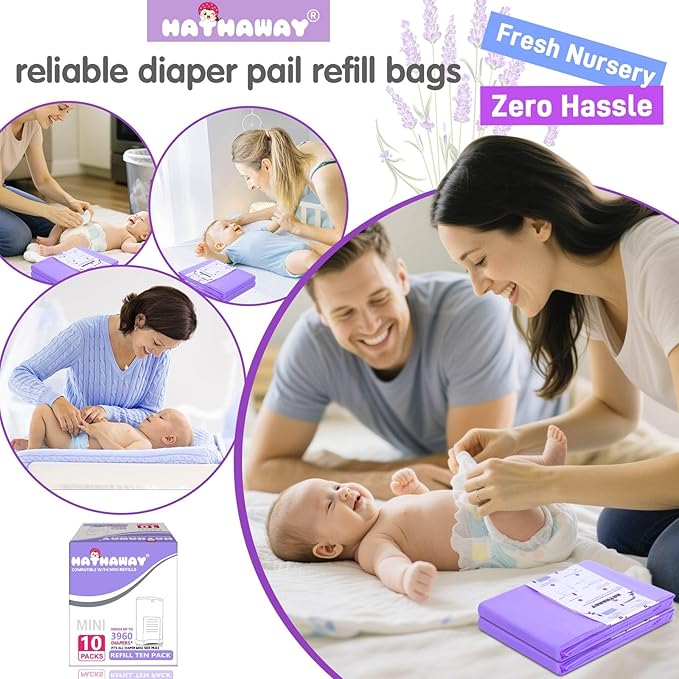 Diaper Pail Refill Bags Compatible With Dekor Mini Diaper Pail, Extra 30% Length, Lavender Scent, 10 Pack