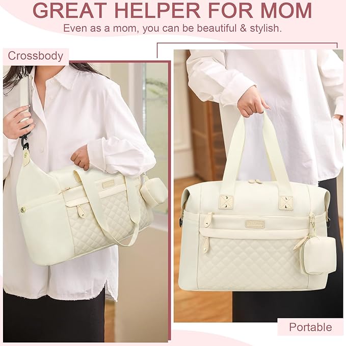 Pritent Diaper Bag Tote - Diaper Baby Bags with Pacifier Case, Shoulder Straps, Stroller Clips, Waterproof Large Mommy Maternity Travel Baby Bag for Mom and Dad, white