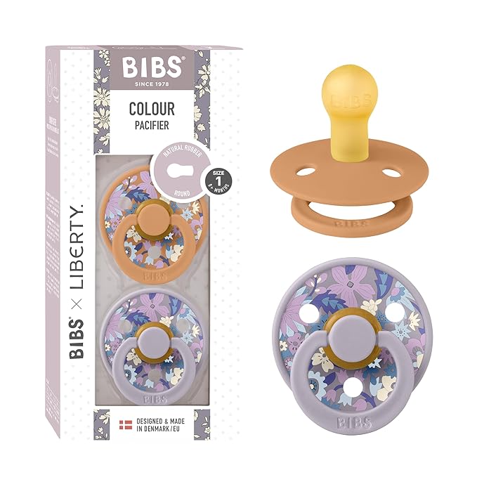 BIBS Colour Liberty Soother 2-Pack, BPA Free Dummy Pacifier, Round Nipple. Natural Rubber Latex, Made in Denmark, Size 1 (0-6 Months), June Blossom Pumpkin Mix