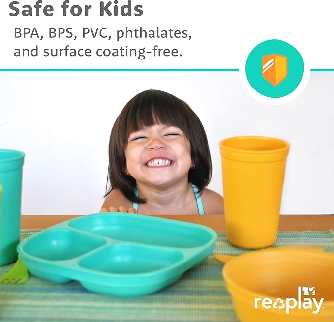 Re-Play Toddler Plates with Dividers & Silicone Lid - Deep-Walled 3 Compartments Divided Plates for Kids - Dishwasher/Microwave Safe - Made in USA - Set of 4-7.37" x 7.37" x 1.25" - A True Blue