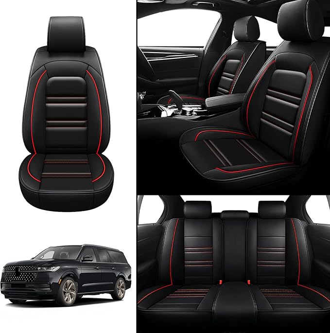 Seat Covers for Lincoln Navigator 1998-2025 | 5-Seats Leather Seat Covers, Easy to Install Automotive Seat Covers Full Set (Full Set, Black&Red Line)