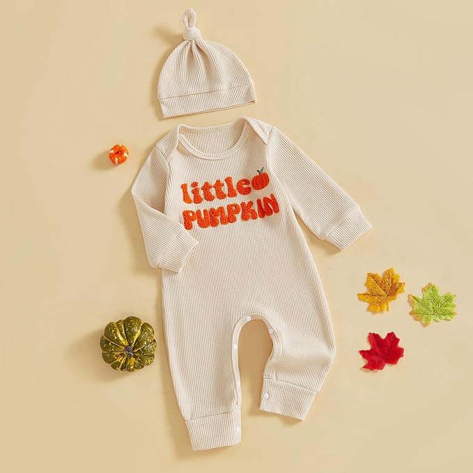 Newborn Infant Baby Boy Halloween Outfit Little Pumpkin Embroidery Romper Waffle Knit Long Sleeve Jumpsuit with Hat