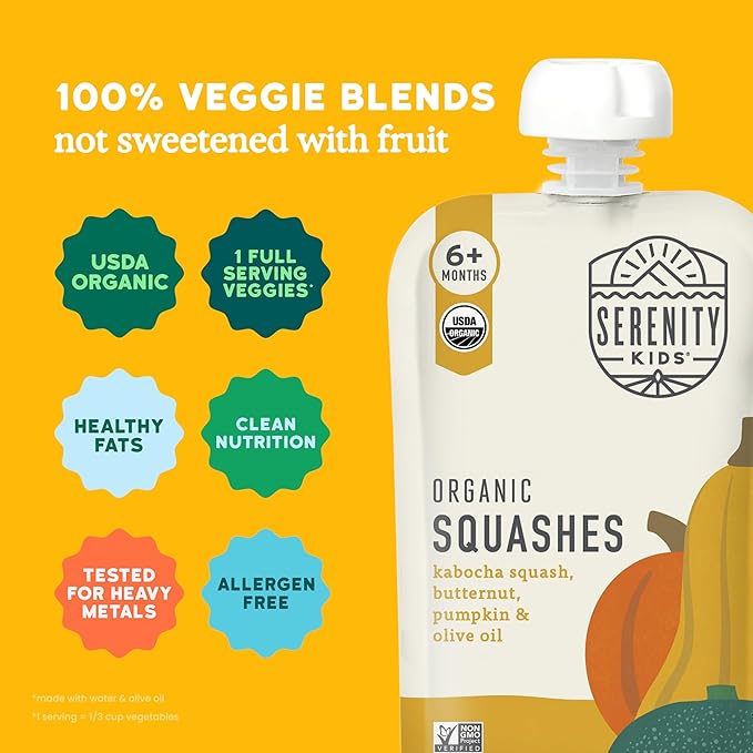 Serenity Kids 6+ Months Organic Veggie Puree Baby Food Pouches - BPA-Free Pouches - No Added Sugar & Allergen-Free - Healthy Baby Snacks - 3.5 Oz, 6 Pack