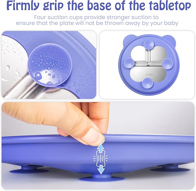 Stainless Steel Kids Plate with Suction Set of 2, 9″ Toddler Divided Plates with Removable Non Slip Silicone Sleeves, Unbreakable Baby Snack Dishes, BPA Free, Beige & Light Pink