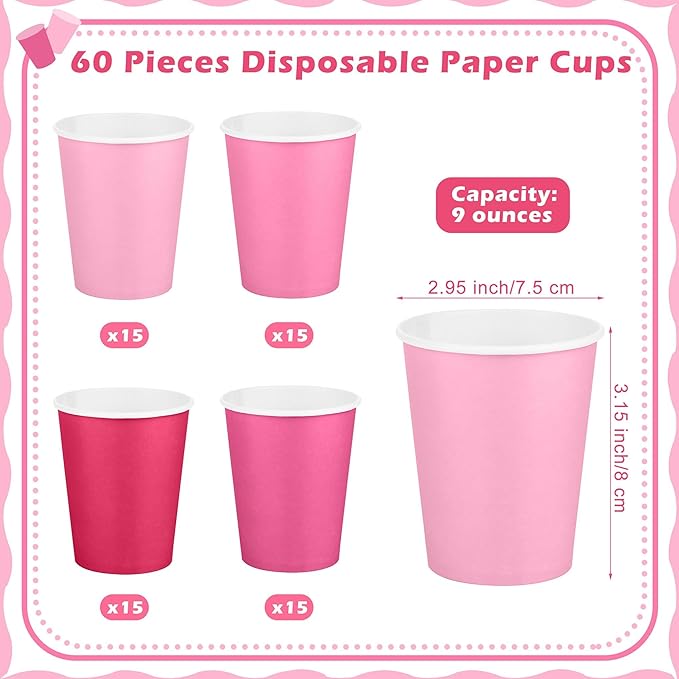 URATOT 60 Pieces 9 Ounce Pink Paper Cups Gradient Color Disposable Coffee Party Cups Beverage Drinking Cups for Party, DIY and Holiday Supplies