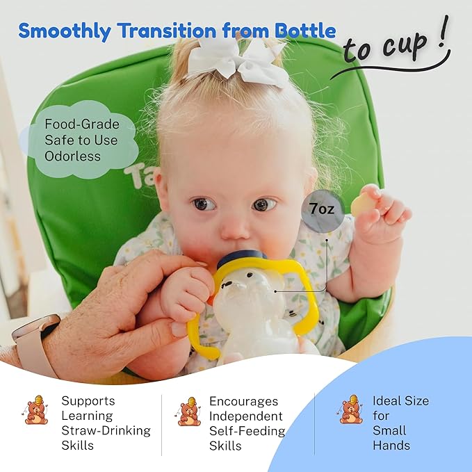TalkTools Honey Bear Bottle Straw Cup with Handle – Dishwasher Safe, Premium Food-Grade Sippy Cup Trainer for Babies & Toddlers 4+ Months – Easy-Grip Design Helps Kids Learn to Drink from a Straw.