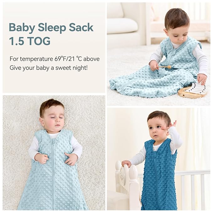 Fleece Baby Sleep Sack 6-12 Months with Plush Dots 1.5 Tog Baby Wearable Blanket with 2-Way Zipper Warm Sleeping Sack for Toddler Infant Newborn - Medium, Sky Blue