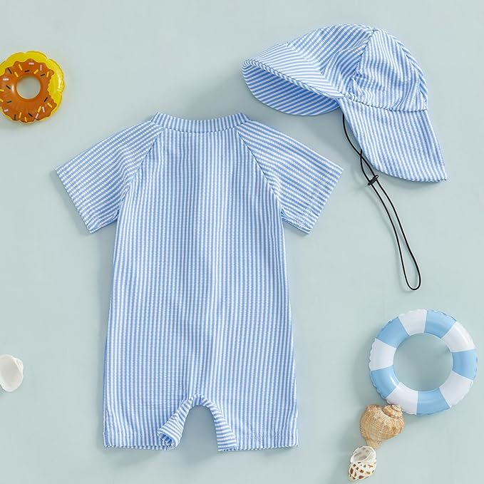 Toddler Baby Boys Seersucker Short Sleeve One Piece Rash Guard Swimsuit Zipper Bathing Suit Swimwear with Hat