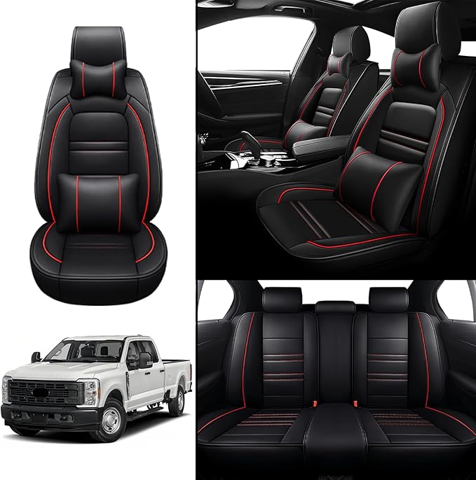 Car Seat Covers for Ford f250 2011-2025 | 5-Seats Seat Covers, Waterproof Seat Protectors, Automotive Seat Covers (Full Set with Pillow,Black&Red Line)