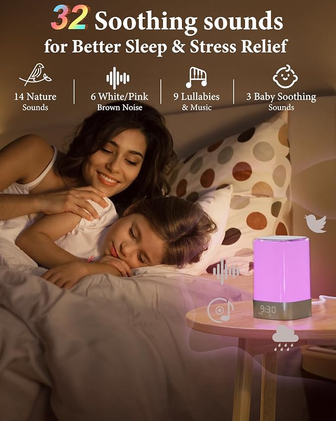 Sound Machine Alarm Clocks for Bedroom with 32 Soothing Sounds, White Noise Machine for Baby & Adults Sleep,Bluetooth Speaker & Night Light for kids,App Control,Timer, Gift for Teens,Girls,Boys,Women