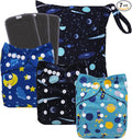 babygoal Reusable Charcoal Cloth Diapers with Double Gussets, 3 Pack Washable Baby Pocket Diapers with 3pcs Charcoal Inserts and Wet Dry Bag(Space,Moon,Star,Rocket)