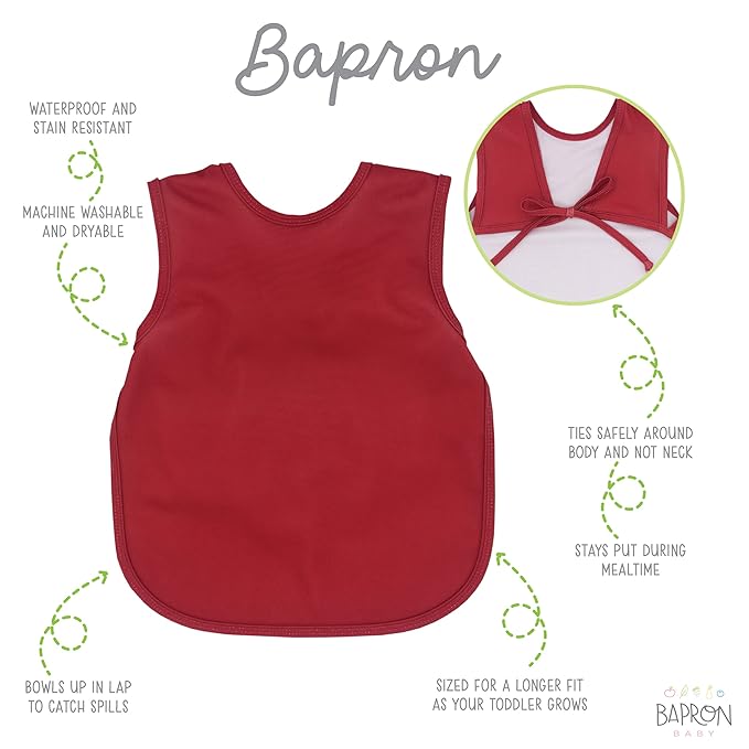 BapronBaby Minimalist Cranberry Bapron - No Neck Tie Safer Bib for Baby & Toddler - Soft Waterproof Stain Resistant - Machine Washable - Sz Baby/Toddler 6m-3T