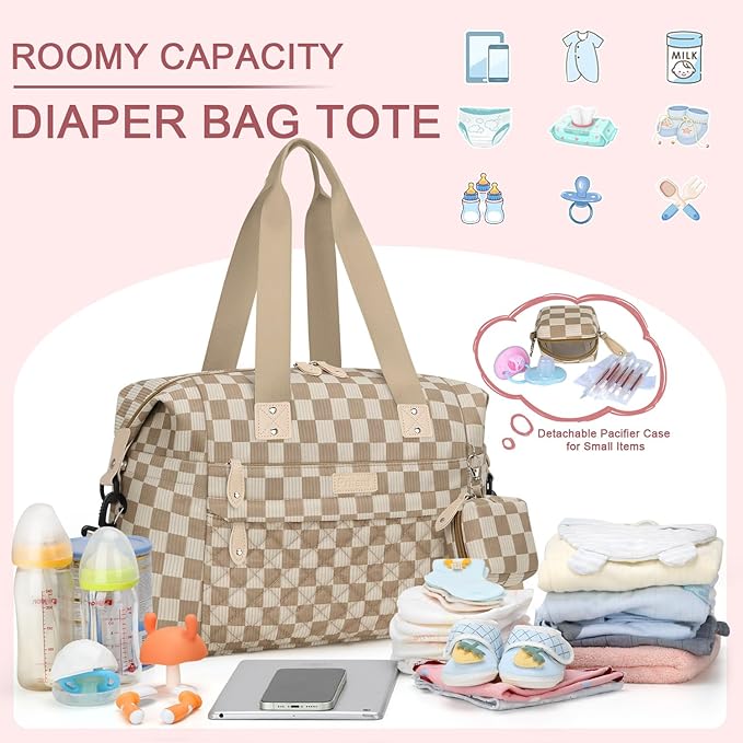 Pritent Diaper Bag Tote - Diaper Baby Bags with Pacifier Case, Shoulder Straps, Stroller Clips, Waterproof Large Mommy Maternity Travel Baby Bag for Mom and Dad, plaid