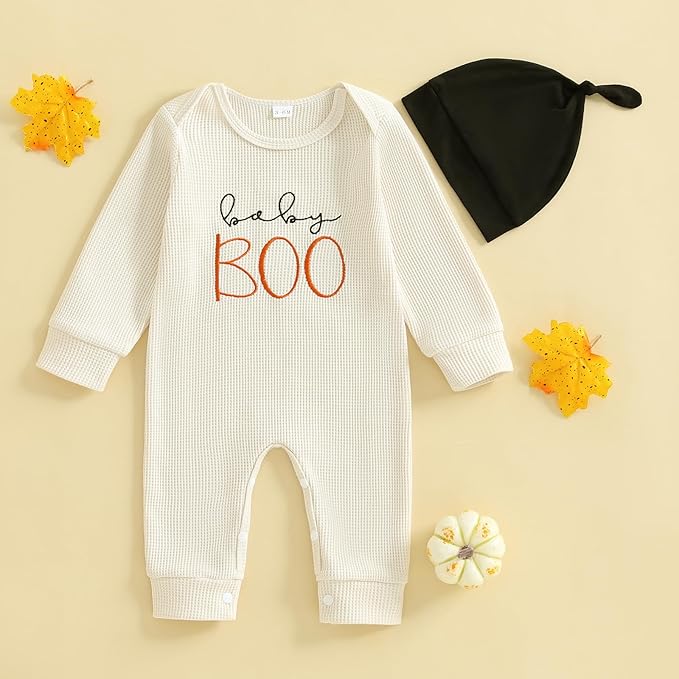Newborn Infant Baby Boy Halloween Outfit Little Pumpkin Embroidery Romper Waffle Knit Long Sleeve Jumpsuit with Hat