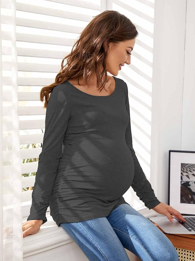 Ecavus Women's Maternity Shirts Long Sleeve Soft Stretchy Pregnancy Tops Side Ruched Casual Mama Clothes