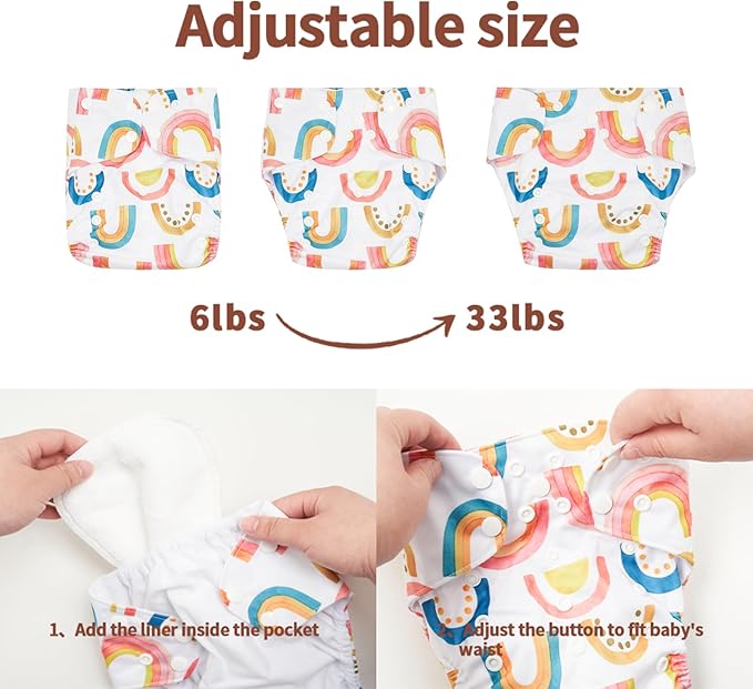 HappyFlute 9 Sets Newborn Baby Cloth Pocket Diapers Adjustable Reusable for Baby Boys and Girls(6-33 pounds,0-3 Years),One Wet Bag+4Diapers and 4Inserts (AD06)