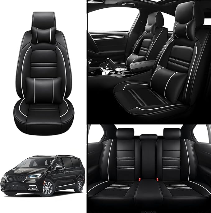 Car Seat Covers for Chrysler Car Pacifica 2004-2025 | 5-Seats Seat Covers, Waterproof Seat Protectors, Automotive Seat Covers (Full Set with Pillow,Black&White Line)