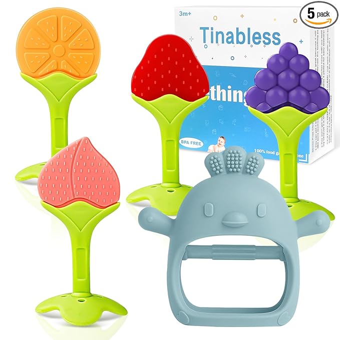 Baby Teething Toys(5 Pack) - Tinabless Infant Teething Keys&Silicone Teething Mitten for Babies Over 3 Months, BPA-Free, Natural Organic Freezer Safe for Infants and Toddlers(Blue)