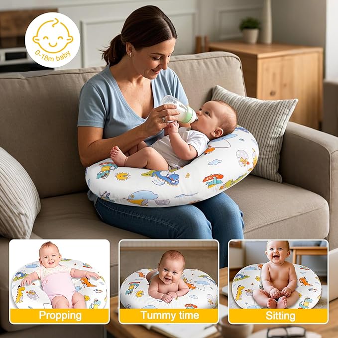 Nursing Pillow, Breastfeeding Pillows with Standard Size Removable Cover, Breast Feeding Pillow with Breathable Filling, Ergonomic Nursing Essentials for Bottle and Breastfeeding- Dinosaurs
