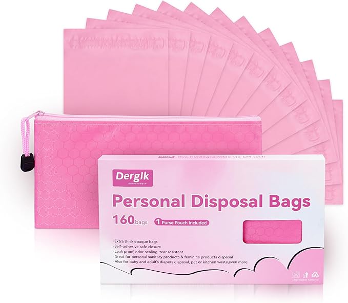 Diaper Disposable Bags, 160 Pcs Opaque Personal Disposal Bag, Secure Closure, Odor Control,Discreet Disposal for Diapers, Incontinence Pads, Tampons, Sanitary Product,With Purse Pouch, Pink