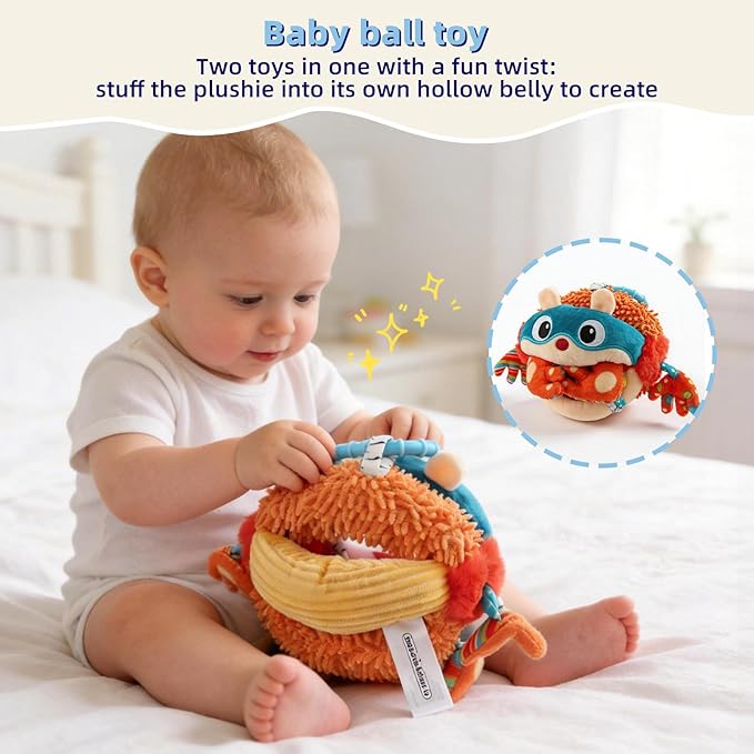 Baby Car Seat Toys Hanging - Sensory Ball Travel Toys for 6 7 8 9 10 11 12 Monthes with Rattle, Teether, Squeaky, Crinkle,Textures, Soft Montessori Plush Toys Newborn Gift Boys Girls Infant Roadtrip