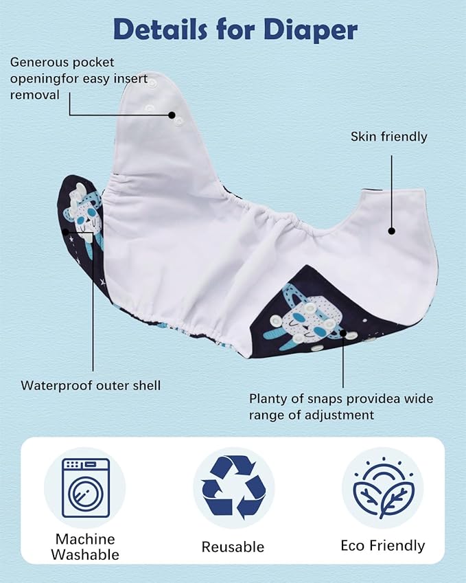 babygoal Boy Cloth Diapers Pack of 13, Baby Reusable Washable Pocket Nappy, 6pcs Diapers+6pcs Rayon from Bamboo Inserts+Wet Bag 6FB40-MB-B