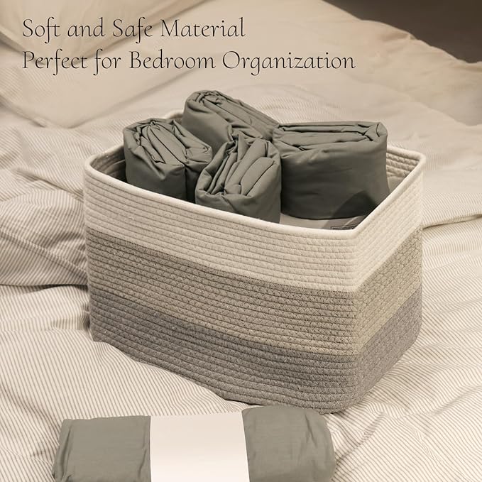Hopegiver Storage Baskets for Organizing with Handle, Woven Baskets for Shelves - Durable Gift Basket for Cloth Toys Books Baby, Cotton Rope Basket for Dog Cat, 15x11x10 Inch(White&Light-Gray&Gray)