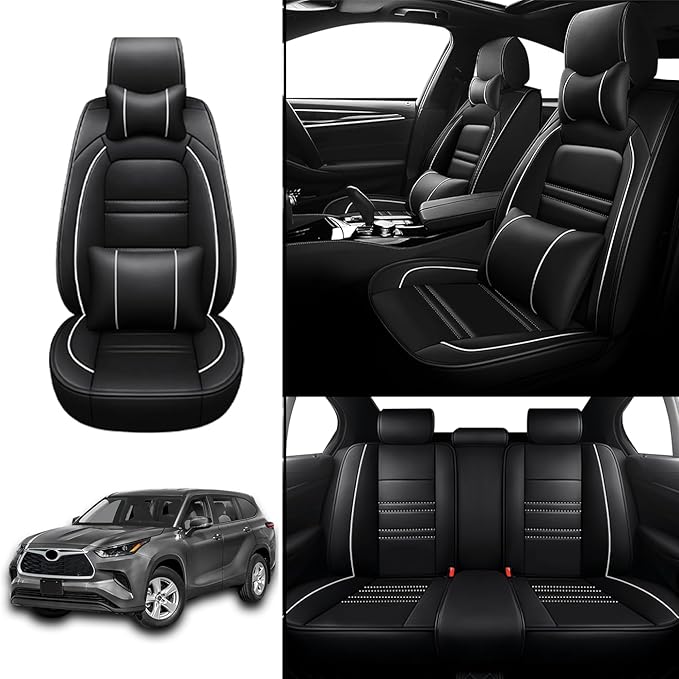 Car Seat Covers for Toyota Highlander 2001-2025 | 5-Seats Seat Covers, Waterproof Seat Protectors, Automotive Seat Covers (Full Set with Pillow,Black&White Line)