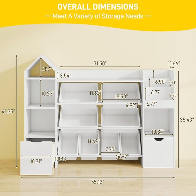 Vabches Kids Toy Organizer with 8 Removable Toy Bins, 4-Tier Toy Storage Organizers W/4 Storage Cubbies, Bookshelf 2 Toy Storage Box on Wheels for Playroom, Kids Room, Nursery Room, White