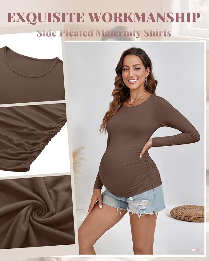 Ficerd 3 Pack Women's Maternity Shirts, Long Sleeve Side Ruched Pregnancy Tee Tops Crew Neck Casual Mama Clothes Basic Tunic