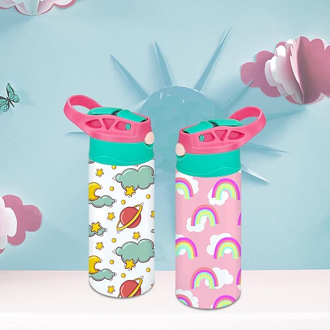 Kids Sublimation Tumbler,12oz Sublimation Water Bottle Blanks,Straight Stainless Steel Todder Sippy Cup,Double Wall Insulated Sippy Tumbler with Handle,Shrink Films,Leak Proof(RoseGreen)
