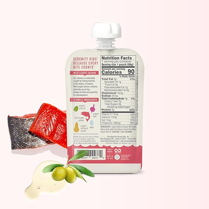 Serenity Kids 6+ Months Baby Food Pouches Puree Made With Ethically Sourced Meats & Organic Veggies | 3.5 Ounce BPA-Free Pouch | Wild Caught Salmon, Butternut Squash, Beet | 1 Count (Pack of 3)